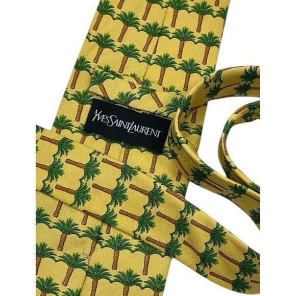 YVES SAINT LAURENT Men's 100% Silk Necktie LUXURY Yellow Palm Tree W:3.7" EUC - Picture 2 of 5